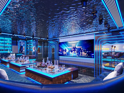 Modern KTV Room Interior With Blue Lighting Comfortable Sofas Tables And Large Screen 3d model