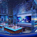 Modern KTV Room Interior With Blue Lighting Comfortable Sofas Tables And Large Screen 3d model