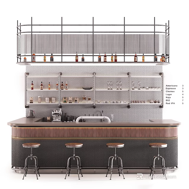 Stylish Bar Counter With Metal Shelves Holding Wine Bottles Glassware And Wooden Top Bar Stools 3d model 