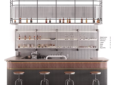 Stylish Bar Counter With Metal Shelves Holding Wine Bottles Glassware And Wooden Top Bar Stools 3d model