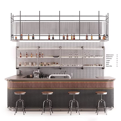 Stylish Bar Counter With Metal Shelves Holding Wine Bottles Glassware And Wooden Top Bar Stools 3d model