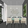 Prairie Themed Restaurant Interior With Green Plant Wall Dining Table Wicker Chairs And Pendant Lights
