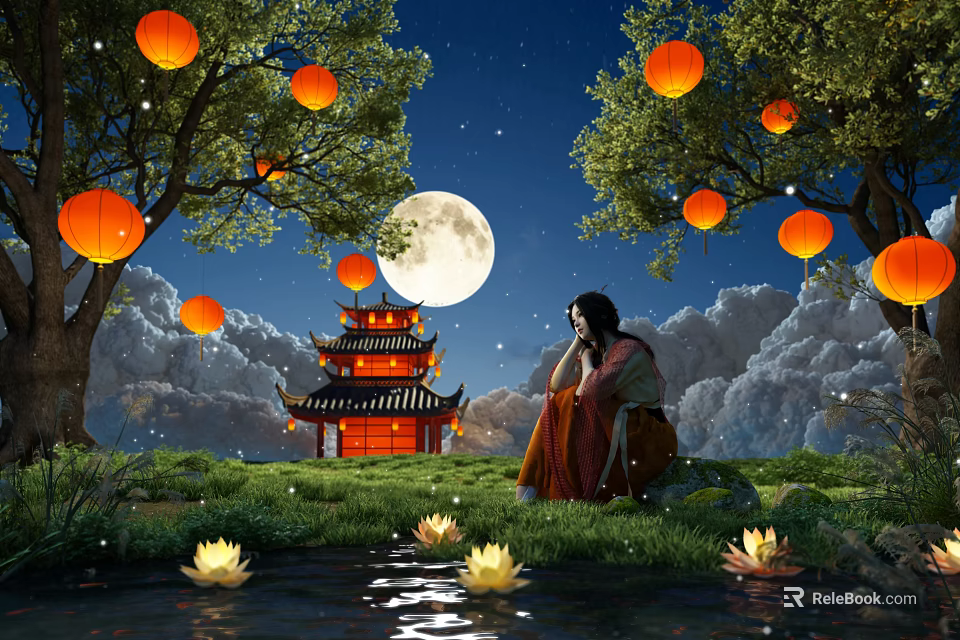 Enchanting Night Scenery With Full Moon Chinese Tower Lanterns Trees Lotus Pond And Clouds 3d model 