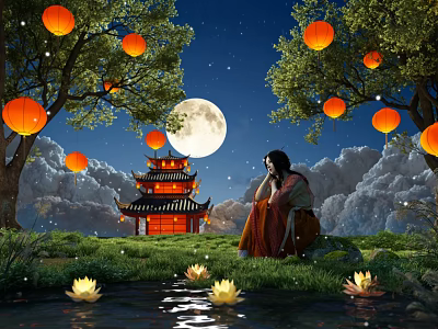 Enchanting Night Scenery With Full Moon Chinese Tower Lanterns Trees Lotus Pond And Clouds 3d model