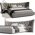 Gray Tufted Double Bed With Pillows Blanket And Bedside Tables