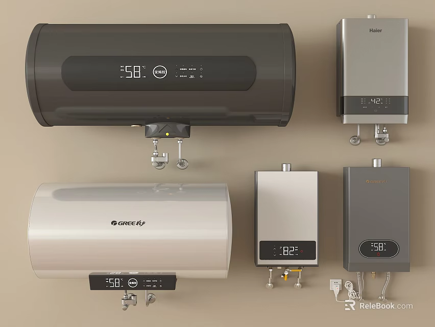 Modern Electric and Gas Water Heaters with Digital Displays and Various Designs 3d model 