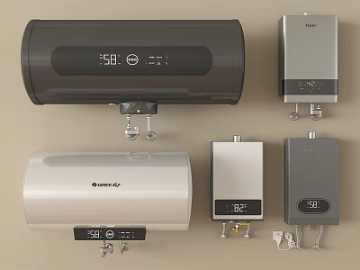 Modern Electric and Gas Water Heaters with Digital Displays and Various Designs 3d model