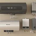 Modern Electric and Gas Water Heaters with Digital Displays and Various Designs