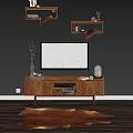 Modern Living Room Decor With TV Stand Wooden Shelves Alarm Clock Vase Twigs And Rug