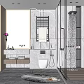 Modern Bathroom Interior With Marble Vanity Tiled Walls Shower Area And Storage Cabinets