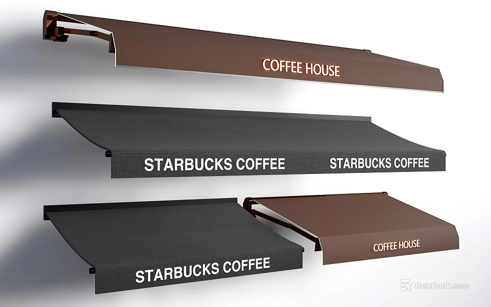 Branded Outdoor Coffee Shop Awnings in Brown and Black for Starbucks Coffee and Coffee House 3d model 