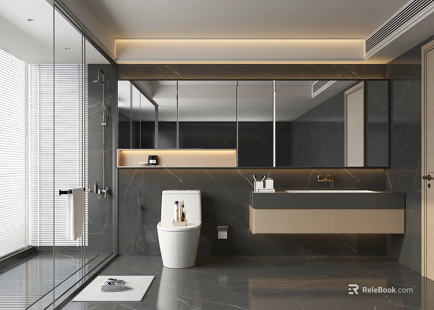 Modern Bathroom Interior Design With Glass Shower Enclosure Large Mirror And Wall Mounted Vanity 3d model 