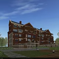 Red Brick Townhouse Exterior Featuring Multiple Balconies Lush Greenery Surrounding Trees And Stone Pathway