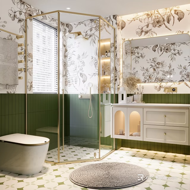 Elegant Bathroom Interior With Green Tiles Glass Shower Floral Mirror And White Vanity 3d model 