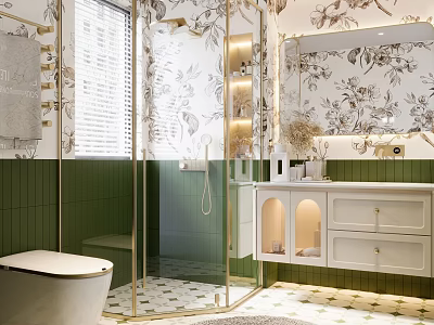 Elegant Bathroom Interior With Green Tiles Glass Shower Floral Mirror And White Vanity 3d model