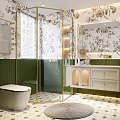 Elegant Bathroom Interior With Green Tiles Glass Shower Floral Mirror And White Vanity