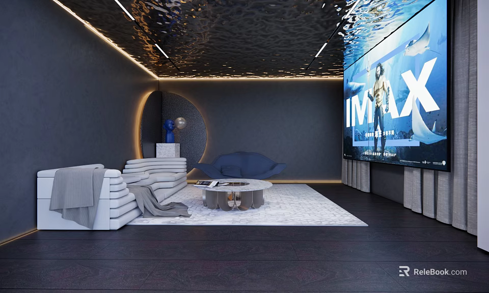 Modern Home Theater Interior With IMAX Screen Comfortable Sofa Set Round Coffee Table And Ceiling Lighting 3d model 