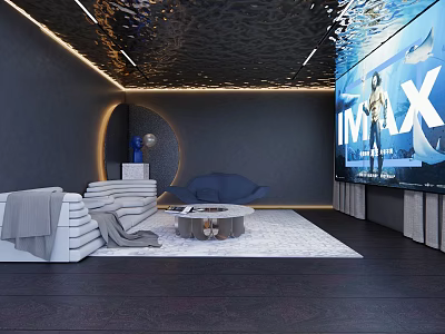 Modern Home Theater Interior With IMAX Screen Comfortable Sofa Set Round Coffee Table And Ceiling Lighting 3d model
