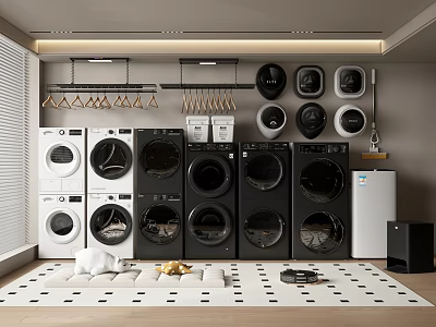 Modern Black And White Washing Machines In Laundry Room With Hangers And Storage 3d model
