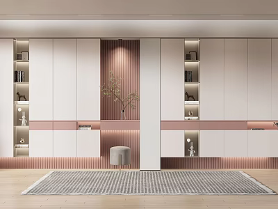 Modern Shoe Cabinet With White Cabinetry Wooden Panel Illuminated Open Shelves Drawers And Small Stool 3d model
