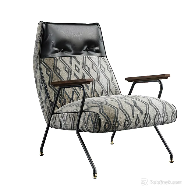 Single Sofa With Leather Tufted Backrest Wooden Armrests Geometric Patterned Fabric And Metal Legs 3d model 