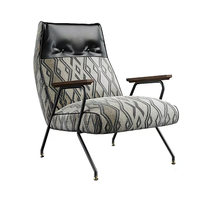 Single Sofa With Leather Tufted Backrest Wooden Armrests Geometric Patterned Fabric And Metal Legs 3d model