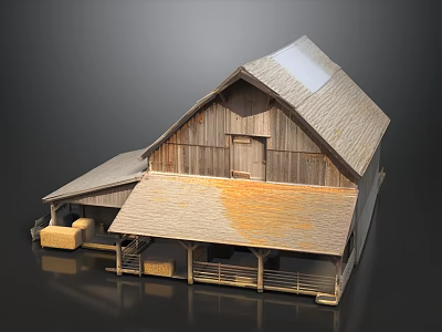 Rustic Weathered Wooden Farm Barn With Dry Hay Bales And Spacious Covered Outdoor Storage Space 3d model