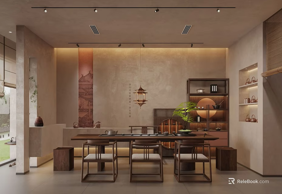 Traditional Chinese Teahouse Interior With Wooden Tables Chairs Tea Sets And Decorative Paintings 3d model 