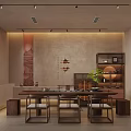 Traditional Chinese Teahouse Interior With Wooden Tables Chairs Tea Sets And Decorative Paintings
