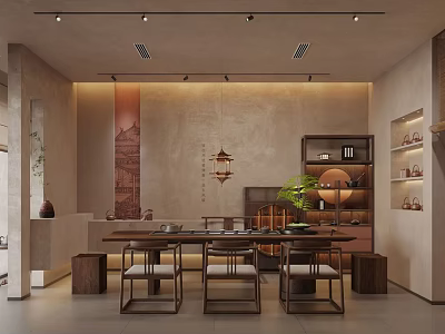 Traditional Chinese Teahouse Interior With Wooden Tables Chairs Tea Sets And Decorative Paintings 3d model
