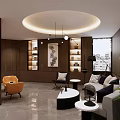 Luxury Lobby Interior With Brown Columns Chandelier Grey Sofa Marble Floor And City View