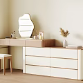 Modern Dressing Table With Wooden Top White Drawers Irregular Mirror And Stool 3d model