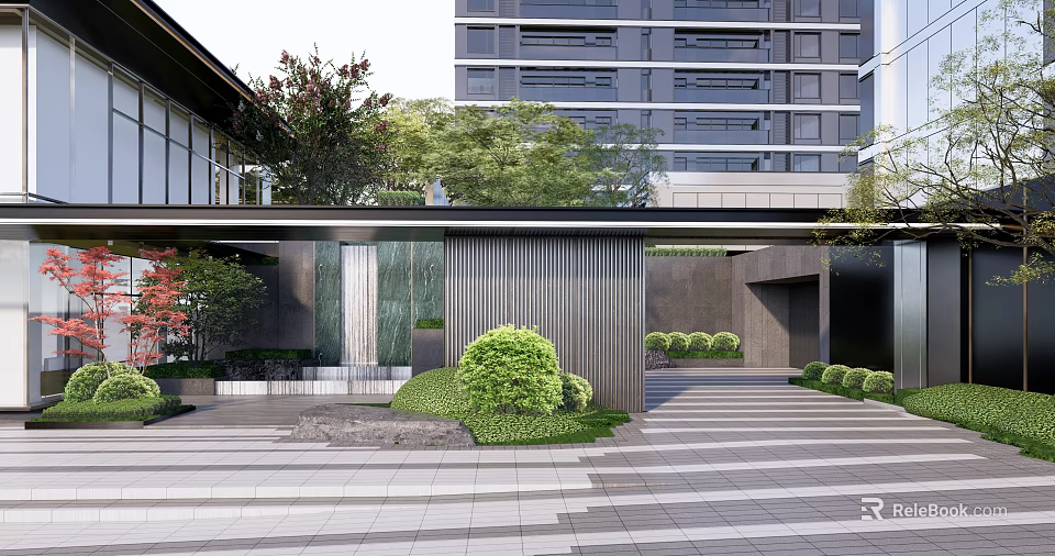 Modern Entrance Gate With Green Plants Stone Pavement And High Rise Building Background 3d model 