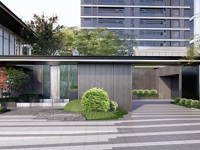 Modern Entrance Gate With Green Plants Stone Pavement And High Rise Building Background 3d model