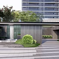 Modern Entrance Gate With Green Plants Stone Pavement And High Rise Building Background