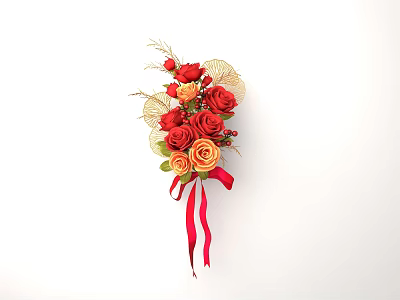 Elegant Vase Floral Arrangement With Red Orange Roses Gold Leaves And Red Ribbon 3d model