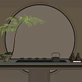 Chinese Style Tea Set Teapot Cups on Tabletop with Circular Arch and Green Plant