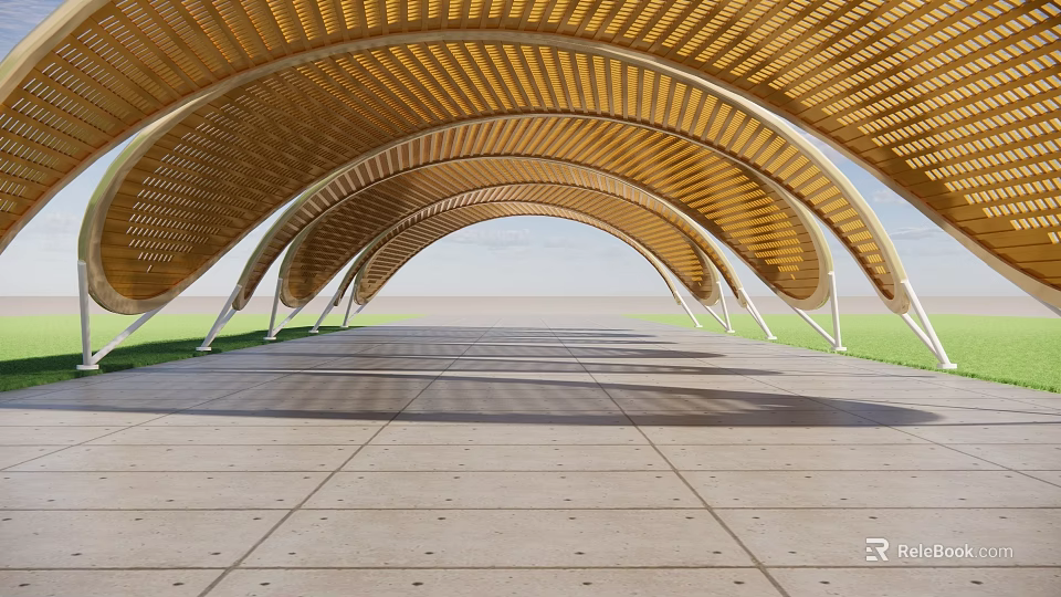 Wooden Pergola With Arched Roof Design And Concrete Pavement On Grass Lawn 3d model 