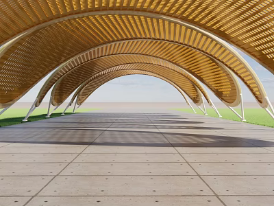 Wooden Pergola With Arched Roof Design And Concrete Pavement On Grass Lawn 3d model