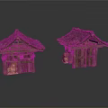 Two Traditional Wooden Houses With Rustic Thatched Roof And Wooden Frames