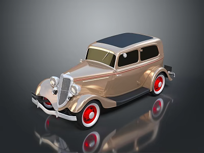 Classic Vintage Car With Golden Body Black Roof And Red Rims White Wall Tires 3d model