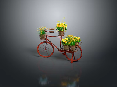Red Decorative Bicycle With Multiple Flower Baskets Filled With Yellow Flowers 3d model