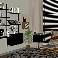 Modern Wall Mounted Bookshelf Interior With Wall Art Potted Plant And Rocking Chair
