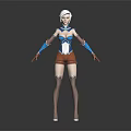 3D Female Character With White Short Hair Mechanical Arms Blue White Outfit And Brown Shorts