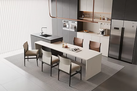 Modern Restaurant Island Table Dining Table Dining Chair Chandelier Sideboard Steaming Oven Refrigerator Kitchen Supplies Kitchen Appliances 3d model