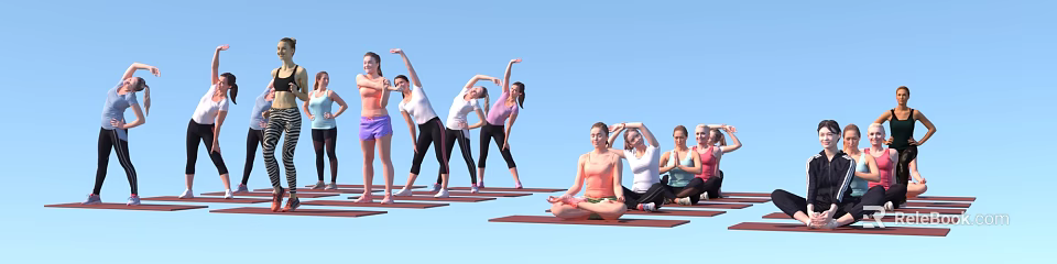 Group of People Practicing Yoga Stretching and Meditating on Mats with Blue Background 3d model 