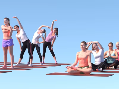 Group of People Practicing Yoga Stretching and Meditating on Mats with Blue Background 3d model