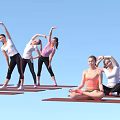 Group of People Practicing Yoga Stretching and Meditating on Mats with Blue Background
