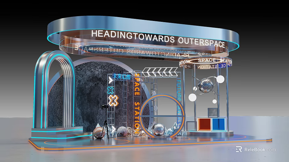 Outer Space Themed Stage Station With Neon Lights Metallic Structure And Decorative Elements 3d model 