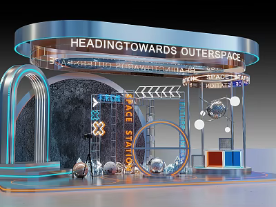 Outer Space Themed Stage Station With Neon Lights Metallic Structure And Decorative Elements 3d model